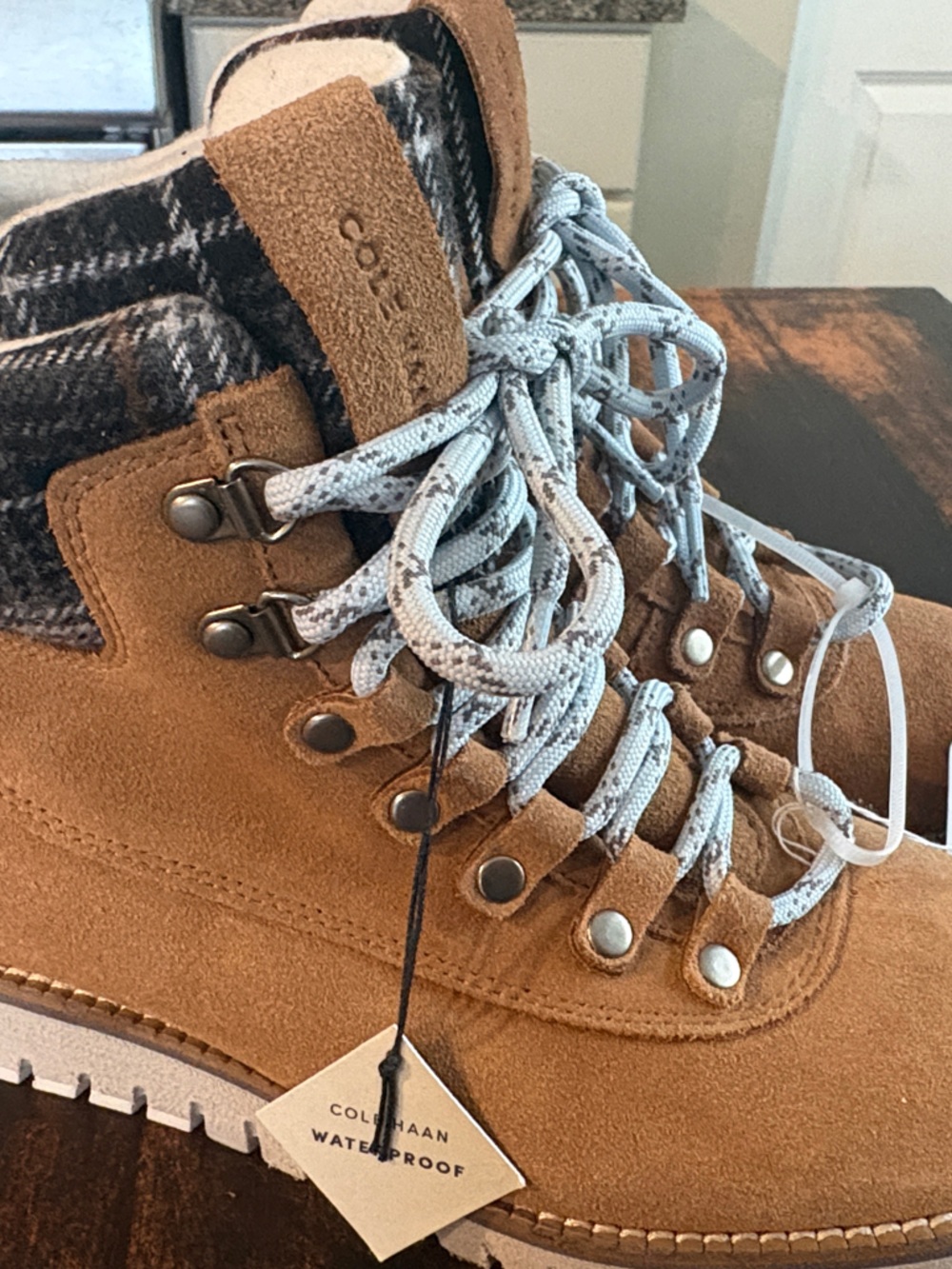 Cole Haan Tan Suede Lace-Up Combat Boots with Patterned Collar